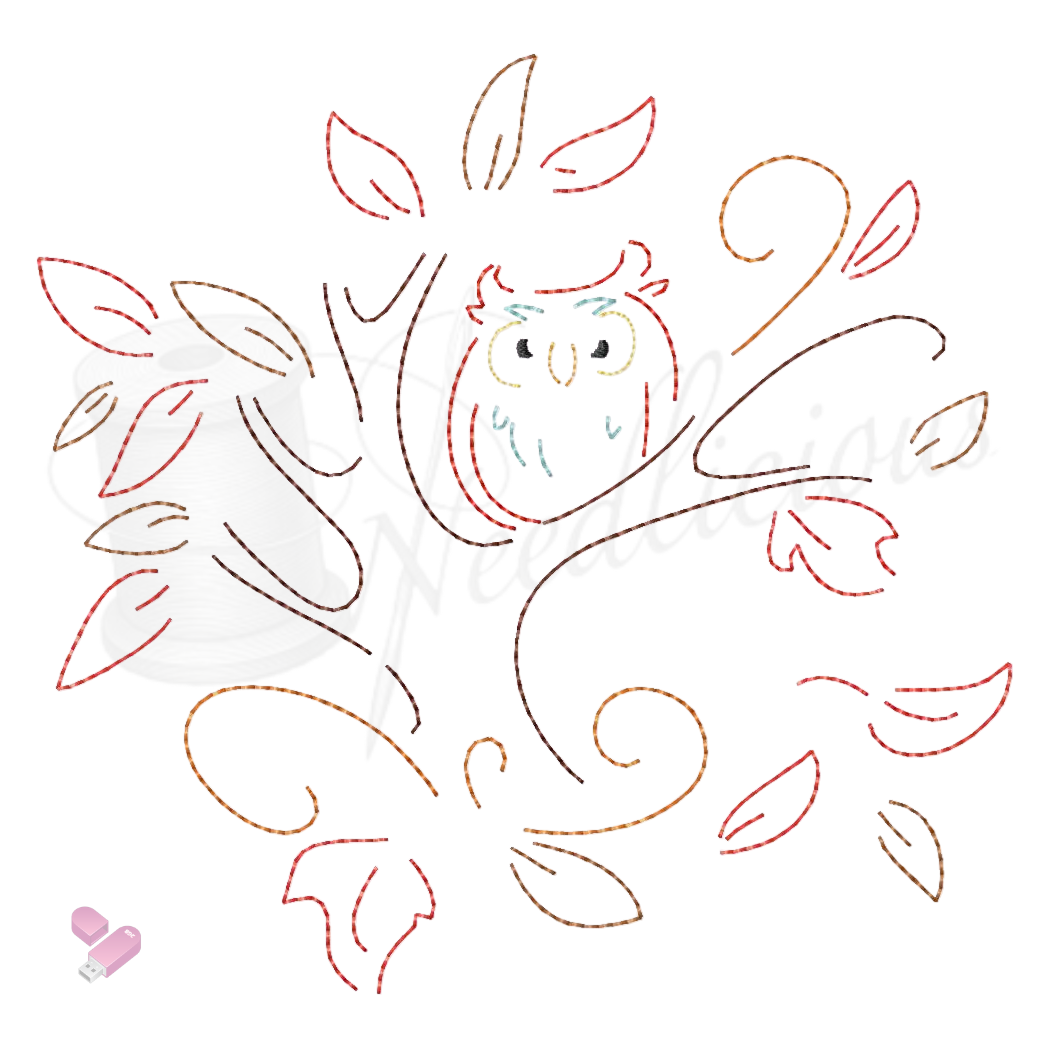 Owl in Tree Line Art Machine Embroidery File