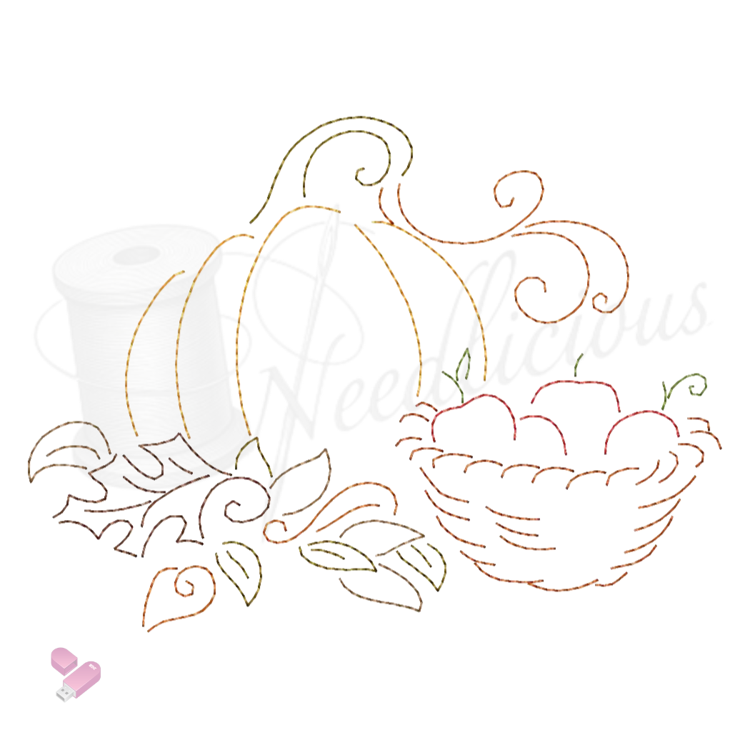 Pumpkin & Apples Line Art Machine Embroidery File
