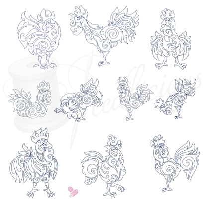 Power Roosters Bluework Set Machine Embroidery File