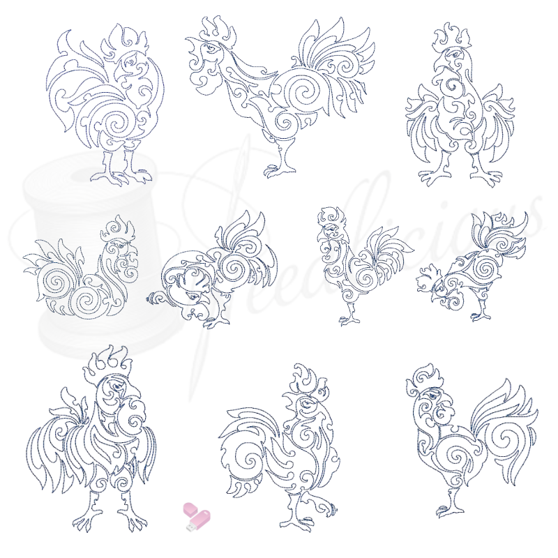 Power Roosters Bluework Set Machine Embroidery File